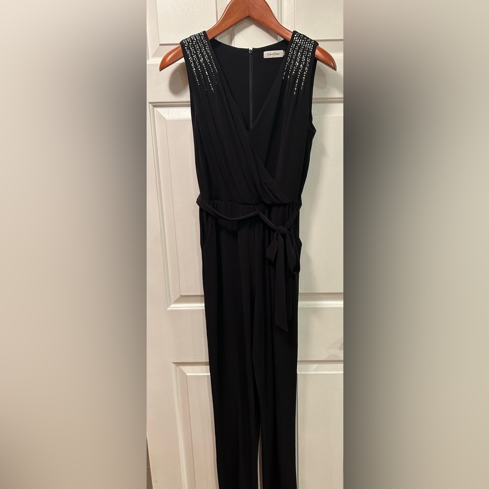 Calvin Klein Black Sleeveless V-neck Embellished Pantsuit Jumpsuit, Size 8